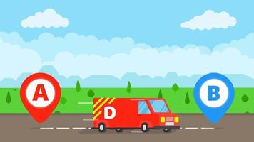 Fast delivery truck service on the road. Car van with landscape behind flat style design and map pins A and B vector illustration isolated on light blue background.  Symbol of delivery company.