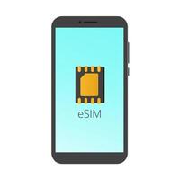 eSIM flat style design icon sign on the screen of smartphone or cell phone vector illustration isolated on white background. Embedded SIM card with chip symbol.