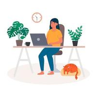 Young woman with laptop at home, studies, communicates and orders goods online, remotely works at computer. Vector illustration in flat style