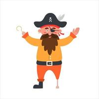 Cheerful pirate with beard in hat with skull, hook and an eye patch. Vector illustration in flat cartoon style