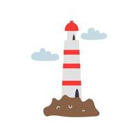 Lighthouse on an island with clouds on white background. Vector illustration in flat style