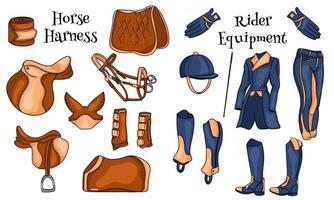 Big set of equipment for the rider and ammunition for the horse illustration in cartoon vector