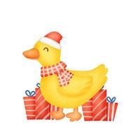 A cute duck for Christmas card in watercolor style. vector