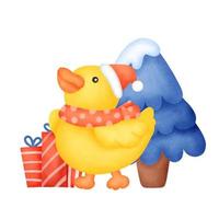 A cute duck for Christmas card in watercolor style. vector