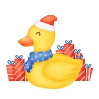 A cute duck for Christmas card in watercolor style. vector
