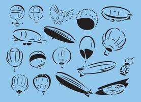 Line-art vector illustrations of balloons and zeppelins