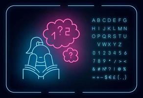 Poor concentration neon light icon. Math problem solving. Algebra studying. Wandering focus. Boring read. Glowing sign with alphabet, numbers and symbols. Vector isolated illustration