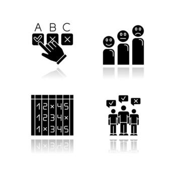 Survey drop shadow black glyph icons set. Choosing option. Satisfaction level. Positive and negative emoticons. Select number. Checklist. Mass poll. Public opinion. Vote. Isolated vector illustrations