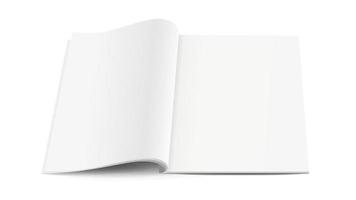 Revista abierta en blanco blanco con sombras suaves sobre fondo blanco, maqueta