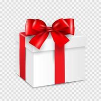 Gift white box with red ribbon isolated on transparent background, realistic 3d style vector