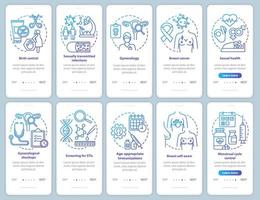 Women healthcare blue onboarding mobile app page screen vector template