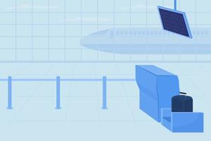 Ilustración de vector de color plano de lugar de control de equipaje del aeropuerto. soporte para control de seguridad antes del vuelo. Terminal internacional para viajar interior de dibujos animados 2d con avión para embarque en segundo plano.