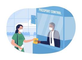 Safe passport control at airport 2D vector isolated illustration. Woman shows plane ticket. People in respiratory facial masks flat characters on cartoon background. Travel precaution colourful scene