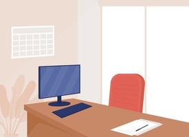 Ilustración de vector de color plano de lugar de trabajo de empleado. escritorio de oficina con computadora y documento. mesa en el espacio de trabajo para el trabajador. Interior corporativo de dibujos animados en 2d con muebles en el fondo