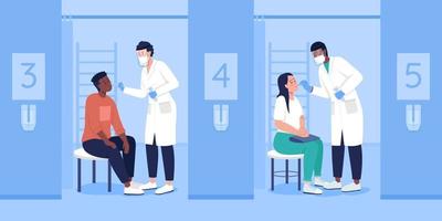 Examination for virus flat color vector illustration. Clinical diagnostics. Taking samples. Patients and doctors 2D cartoon characters with hospital space blue interior on background