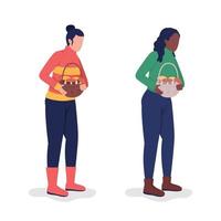 niñas con cestas en otoño conjunto de caracteres vectoriales de color semi plano. posando figuras. personas de cuerpo entero en blanco. Ilustración de estilo de dibujos animados moderno aislado de otoño para diseño gráfico y paquete de animación vector