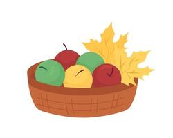 Fall apple basket semi flat color vector objects. Autumn seasonal fruits. Full item on white. Autumnal harvest isolated modern cartoon style illustration for graphic design and animation