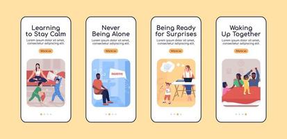 Parenting challenges onboarding mobile app screen flat vector template. Walkthrough website 4 steps with characters. Creative UX, UI, GUI smartphone cartoon interface, case prints set