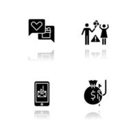 Scam types drop shadow black glyph icons set vector