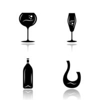Wine drop shadow black glyph icons set vector
