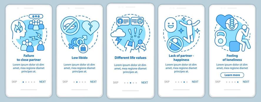 Unhappy relationships onboarding mobile app page screen with linear concepts vector