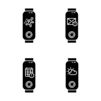 Fitness tracker notifications glyph icons set. Wellness device with weather forecast and active movement control. Gadget with calendar, mail reminder. Silhouette symbols. Vector isolated illustration