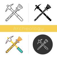 Archeologist tools icon. Restoration. Renovation. Reconstruction of ancient artifact. Discovery and exploration. Paleontology. Flat design, linear and color styles. Isolated vector illustrations