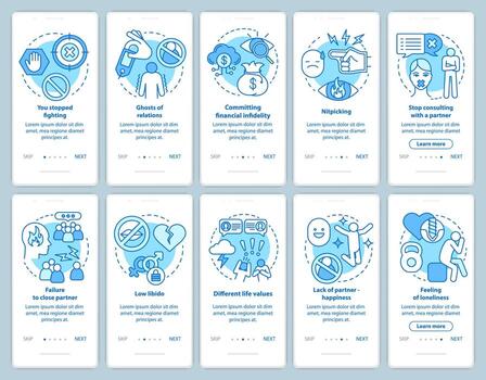 Relationship problems onboarding mobile app page screen with linear concepts set vector