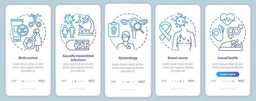 Women healthcare blue onboarding mobile app page screen vector template