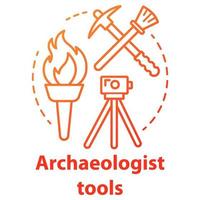 Archaeologist tools concept icon. Archelogy research. Treasure hunter equipment. Torch, pickaxe, brush, level tripod. Vector isolated outline RGB color drawing