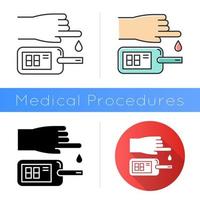 Blood test icon. Disease analysis. Illness check. Infection examination. Medical procedure. Glucometer. Glucose test. Hospital lab. Flat design, linear and color styles. Isolated vector illustrations