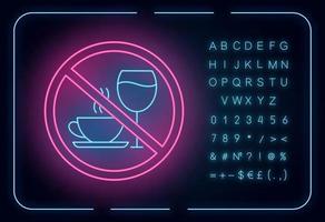 Caffeine and alcohol refusal neon light icon. Deny wine and coffee. No unhealthy habits. Stop sign with beverages. Glowing sign with alphabet, numbers and symbols. Vector isolated illustration