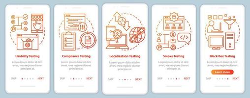 Non-functional software testing orange onboarding mobile app page screen vector template