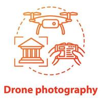 Drone photography concept icon. Quad copter with camera spying on house. Shooting historical objects from unusual angle. Vector isolated outline RGB color drawing