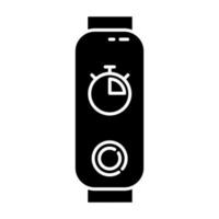 Fitness tracker with stop watch on display glyph icon. Trendy wellness device with digital timer. Active lifestyle gadget, chronometer. Silhouette symbol. Negative space. Vector isolated illustration