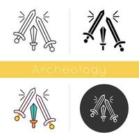 Sword fighting icon. Weapon clashing. Battling and war. Ancient history. Longswords and broadswords. Battlefield. Flat design, linear and color styles. Isolated vector illustrations