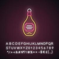 Glass bottle of wine, whiskey, rum neon light icon. Local alcoholic drink, beverage. Color glass liquor bottle with red label. Glowing sign with alphabet and symbols. Vector isolated illustration