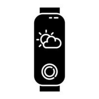 Fitness device with weather forecast function glyph icon. Portable active lifestyle gadget with meteorology indicator on display. Silhouette symbol. Negative space. Vector isolated illustration