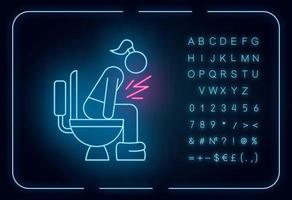 Diarrhea neon light icon. Digestive tract disease. Illness and sickness. Food poisoning. Menstruation problem. Glowing sign with alphabet, numbers and symbols. Vector isolated illustration