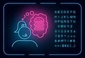 Food craving neon light icon. Girl thinking of burger. Thought of sandwich. Fast food snack. Delicious treat. Glowing sign with alphabet, numbers and symbols. Vector isolated illustration