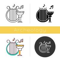 Ancient culture and life icon. Harp melody. Goblet for wine. Greek old artifacts. Historical items. Archeological discoveries. Flat design, linear and color styles. Isolated vector illustrations