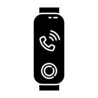 Fitness tracker with incoming call on display glyph icon. Wellness device with phone symbol. Gadget with phone call notification sign. Silhouette symbol. Negative space. Vector isolated illustration