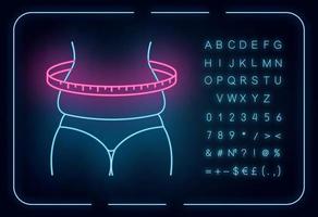 Weight change neon light icon. Overweight female body measurement. Cellulite on thighs. Predmenstrual syndrome symptom. Glowing sign with alphabet, numbers and symbols. Vector isolated illustration