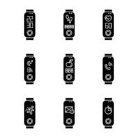 Fitness tracker functions glyph icons set. Active lifestyle accessory for health monitoring. Wellness device with mail notification, step counter. Silhouette symbols. Vector isolated illustration