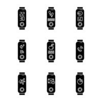 Fitness tracker functions glyph icons set. Active lifestyle accessory for health monitoring. Wellness device with mail notification, step counter. Silhouette symbols. Vector isolated illustration