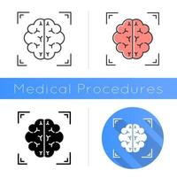 Brain scan icon. Neuroimaging. Nervous system structure analysis. Medical procedure. Hospital examination. Clinical test. Neurology. Flat design, linear and color styles. Isolated vector illustrations