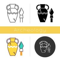 Ancient artifacts icon. Greek amphora. Roman spear. Old culture. Historical discovery. Cracked clay vase. Spartan weapon. Flat design, linear and color styles. Isolated vector illustrations