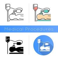 Anesthesia icon. Medical procedure. Apnea stage. Liquid induction. Patient unconscious. Dropper. Disease treatment, illness aid. Flat design, linear and color styles. Isolated vector illustrations