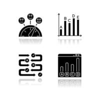 Survey drop shadow black glyph icons set. Satisfaction level. Evaluation scale. Statistics analysis. Questioning process. Correct and wrong. Online data collection. Isolated vector illustrations