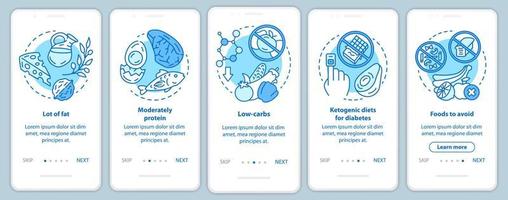 keto diet turquoise onboarding plantilla de vector de pantalla de página de aplicación móvil